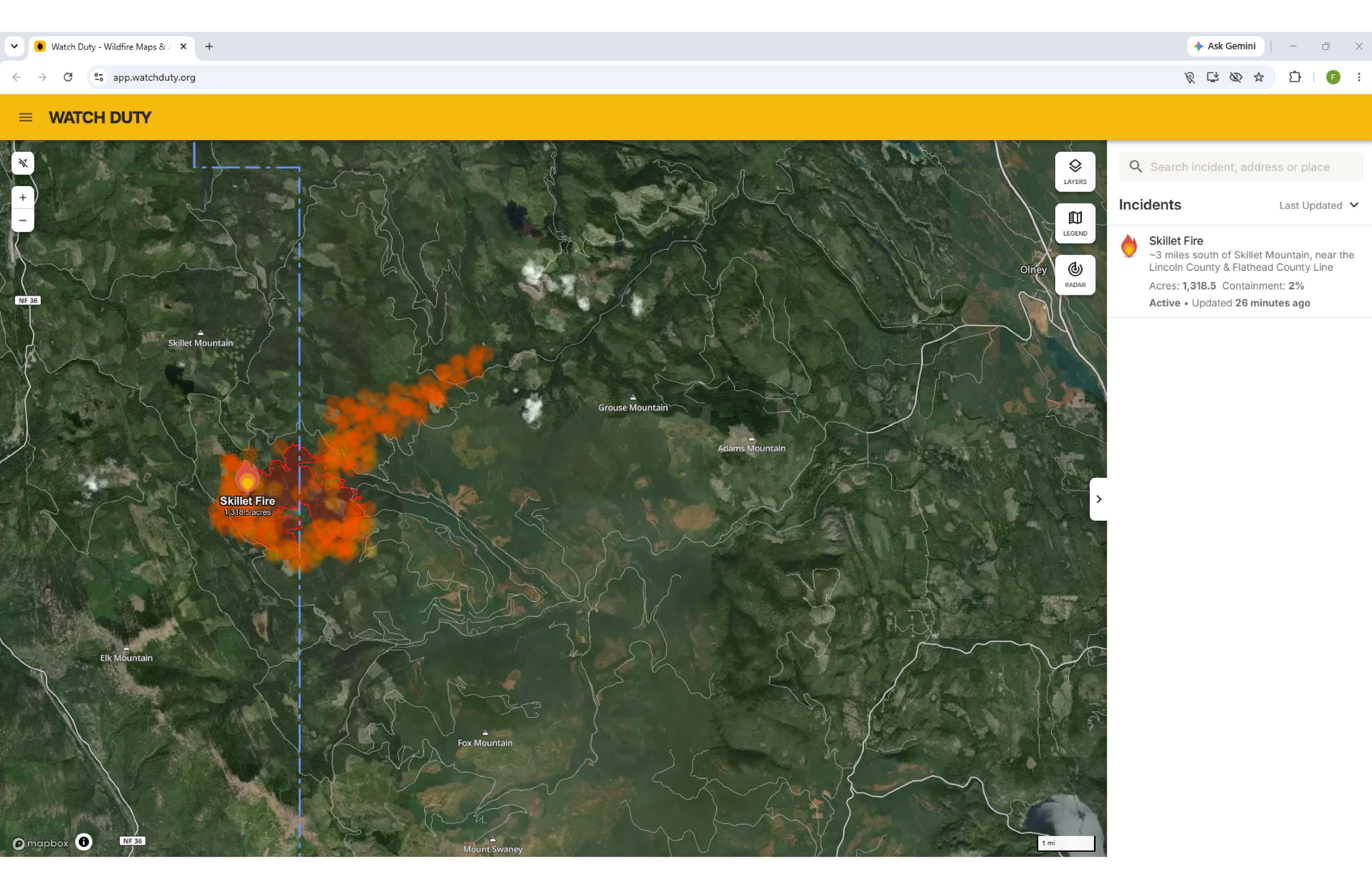 Watch Duty map showing satellite heat signatures across the Skillet Fire area on August 2, 2026.