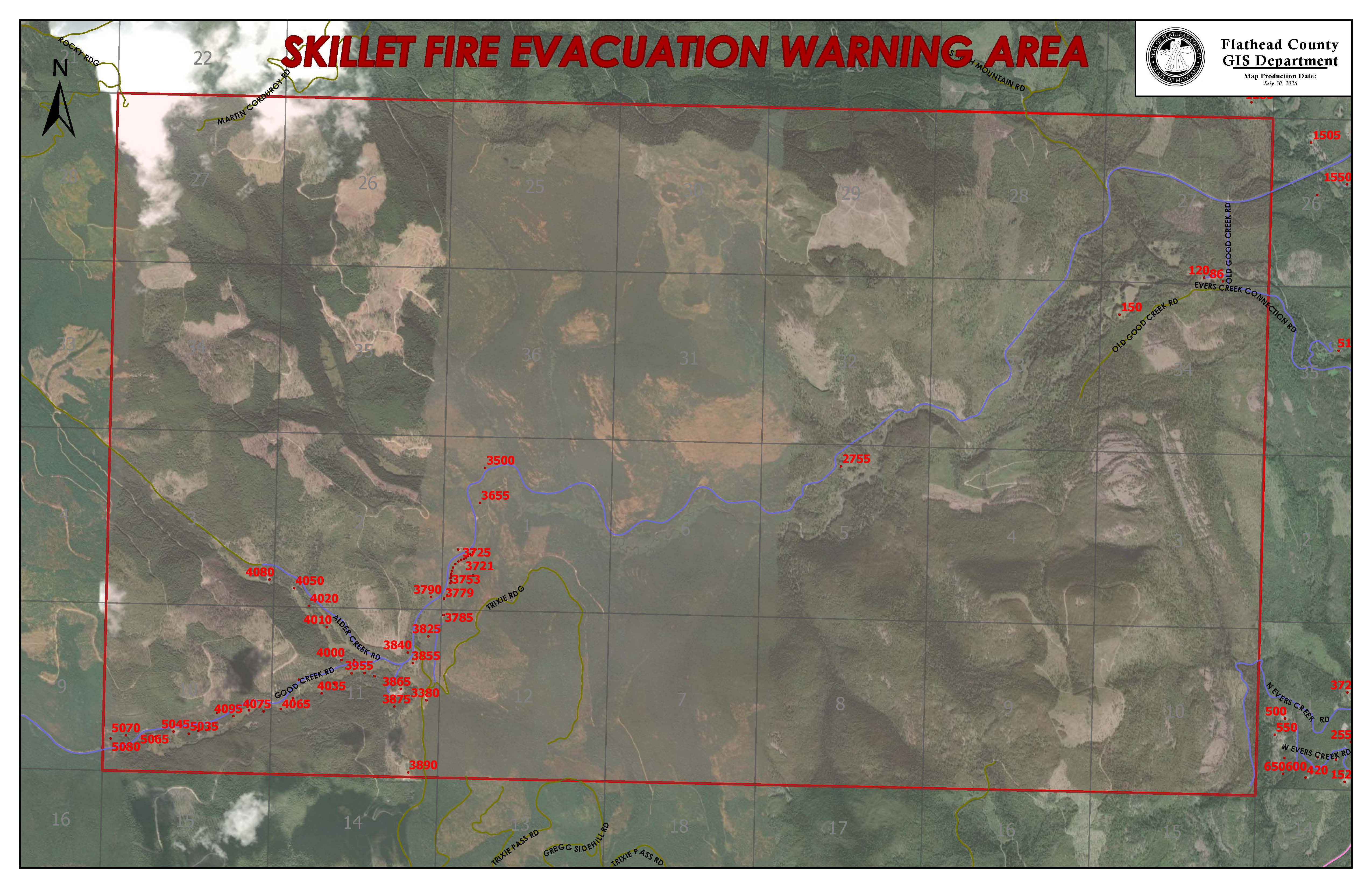 Map of the July 30, 2026 Skillet Fire Evacuation Warning area near Olney, Montana. This warning is no longer in effect.