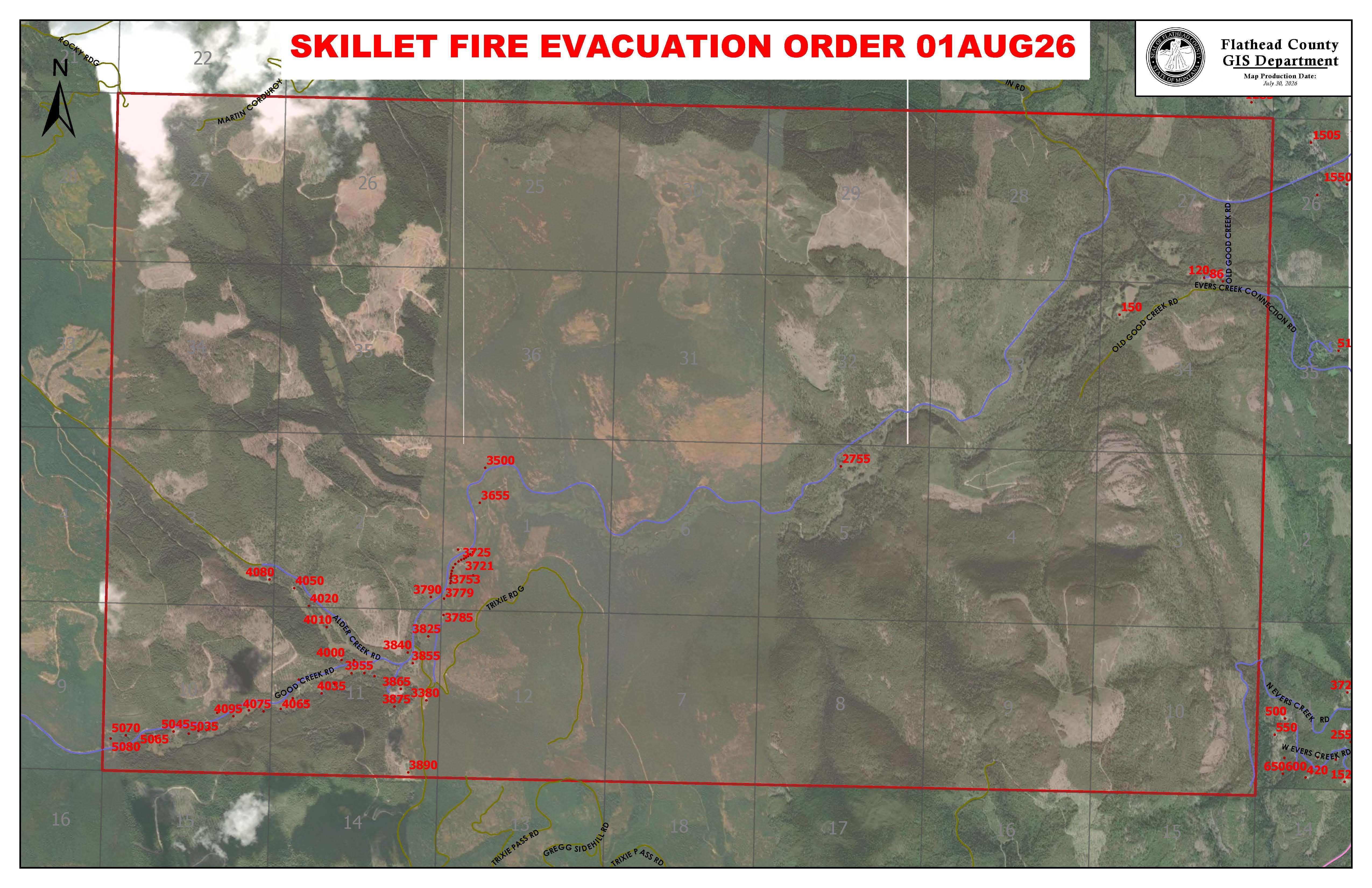 Map of the Skillet Fire Evacuation Order area near Olney, Montana. The affected roads are listed in the text on this page.